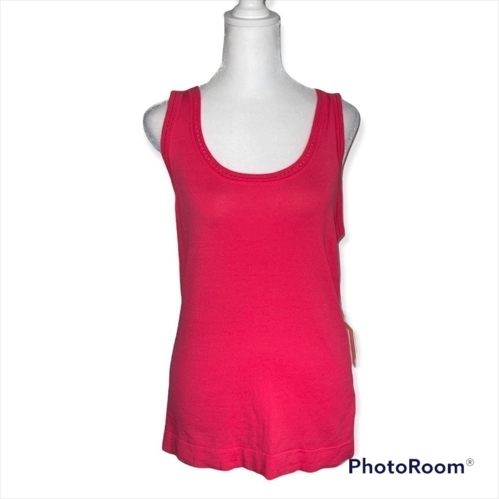 Etcetera Ablaze Pink Pointelle Trim Scoop Neck Sleeveless Knit Tank Top‎ Medium